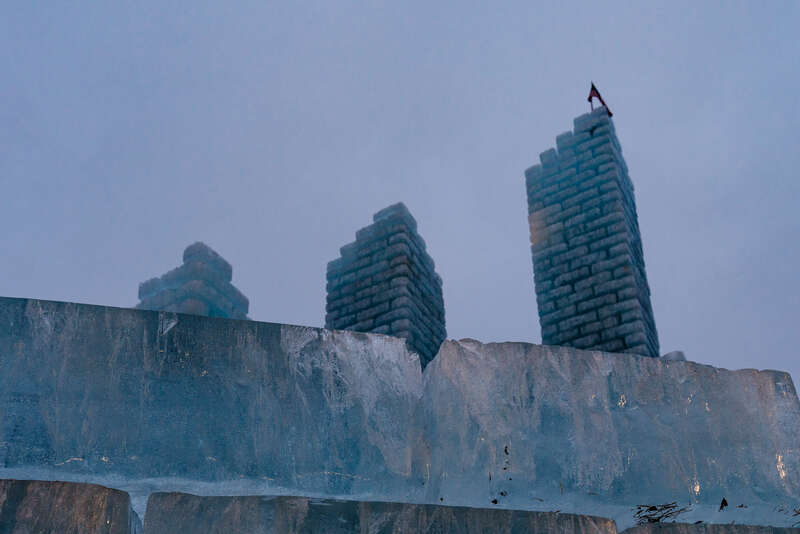 A castle of ice blocks at the Saint Paul Winter Carnival at Rice Park, downtown St. Paul, Minnesota.