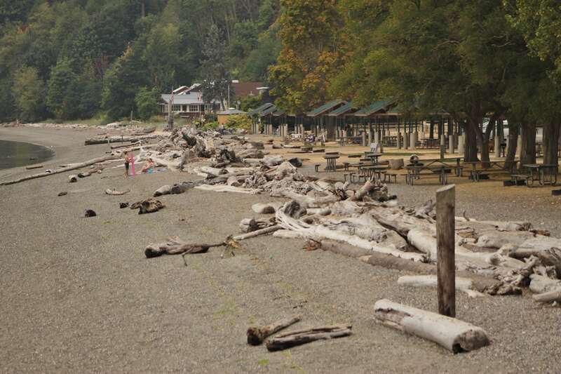 The beach at Kayak Point County Park near Marysville, viewed from the pier. The beach is planned to undergo a major renovation in the late 2010s as part of a park redevelopment program.