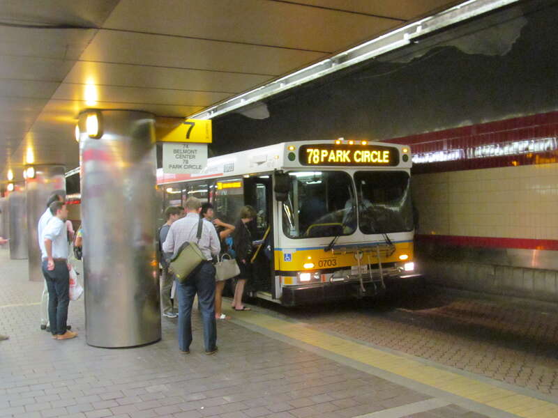 A #78 bus boards passengers in the Harvard Bus Tunnel in August 2015