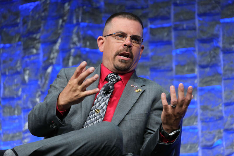 Wyoming State Representative Marshall Burt speaking on a panel at FreedomFest 2021 at the Rushmore Plaza Civic Center in Rapid City, South Dakota