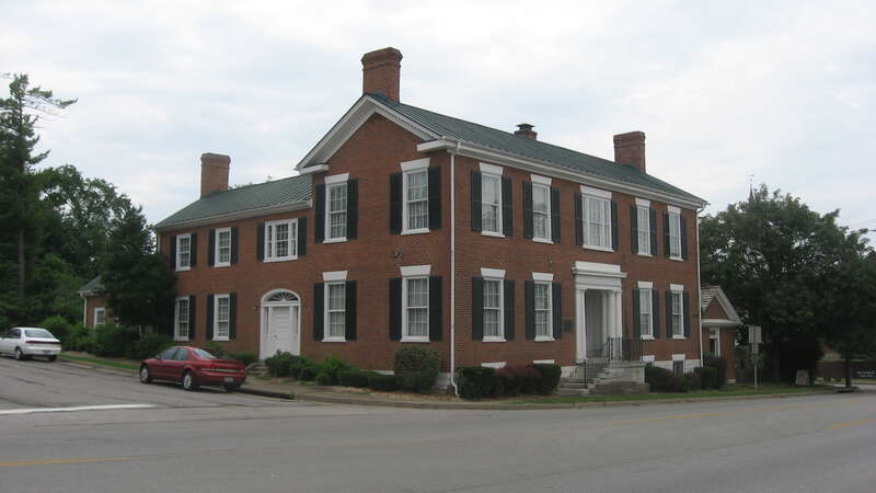 Front of the Matheny-Taylor House, located on the northwestern corner of the intersection of College (U.S. Routes 68 and 127) and Poplar Streets in Harrodsburg, Kentucky, United States.  Built in 1830, it is listed on the National Register of