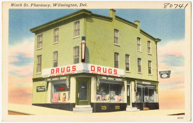 Title: Ninth St. Pharmacy, Wilmington, Del.
Subjects: Commercial facilities
Places: Delaware &amp;gt; New Castle (county) &amp;gt; Wilmington
Notes: Title from item.
Extent: 1 print (postcard) : linen texture, color ; 3 1/2 x 5 1/2 in.
Accession #:
