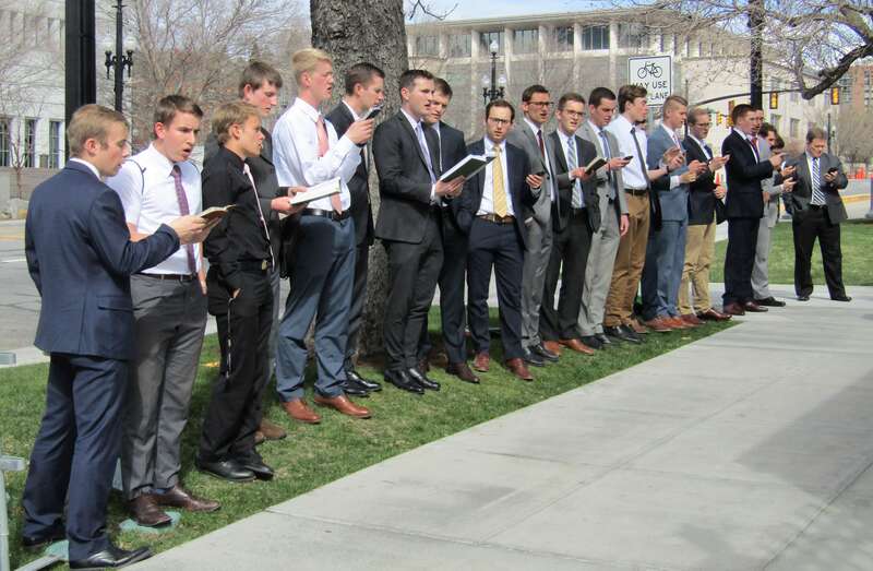 A men's chorus singing near the end of the Saturday Afternoon Session of General Conference.