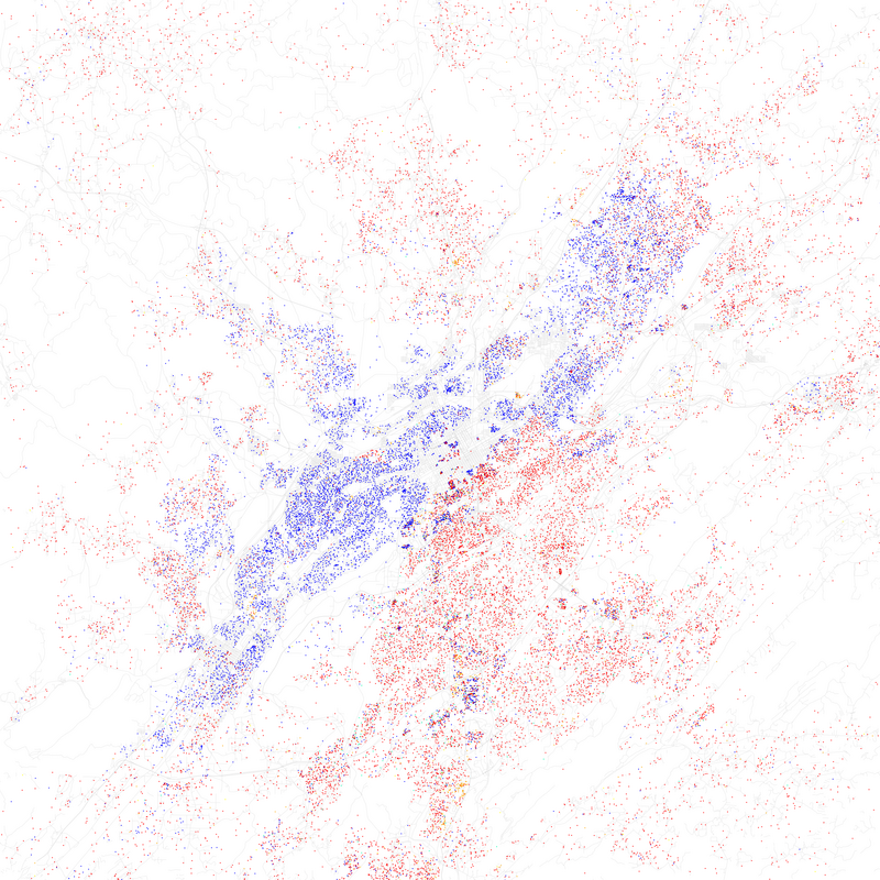Maps of racial and ethnic divisions in US cities, inspired by Bill Rankin's map of Chicago, updated for Census 2010.
Red is White, Blue is Black, Green is Asian, Orange is Hispanic, Yellow is Other, and each dot is 25 residents.

Data from Census