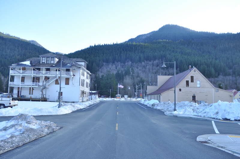 Rear view of Skykomish Hotel and Maloney's General Store, Skykomish Historic Commercial District, Skykomish, Washington, USA.