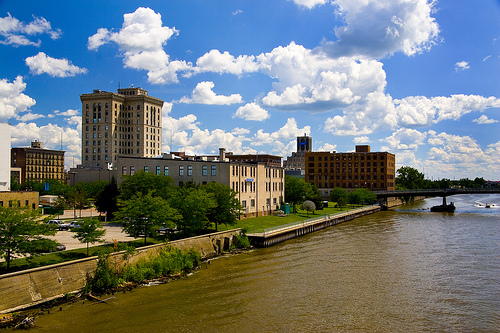 Taken by Geoff George - Saginaw, Michigan on a gloriously colorful summer day taken from the Johnson Street Bridge. Two properties are shown that are listed on the US National Register of Historic Places:
Several buildings of the East Saginaw