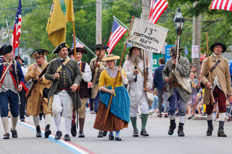 13th Continental Regiment, Massachusetts re-enactors at the 2023 Gaspee Days Parade, Pawtuxet Village, Rhode Island.