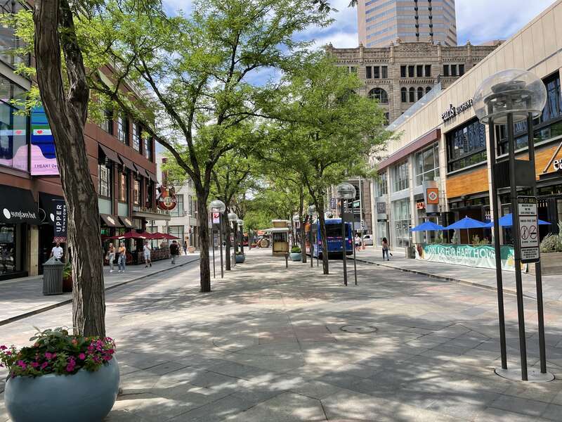 16th Street Mall looking northwest past the intersection with Tremont Place in Denver, Colorado
