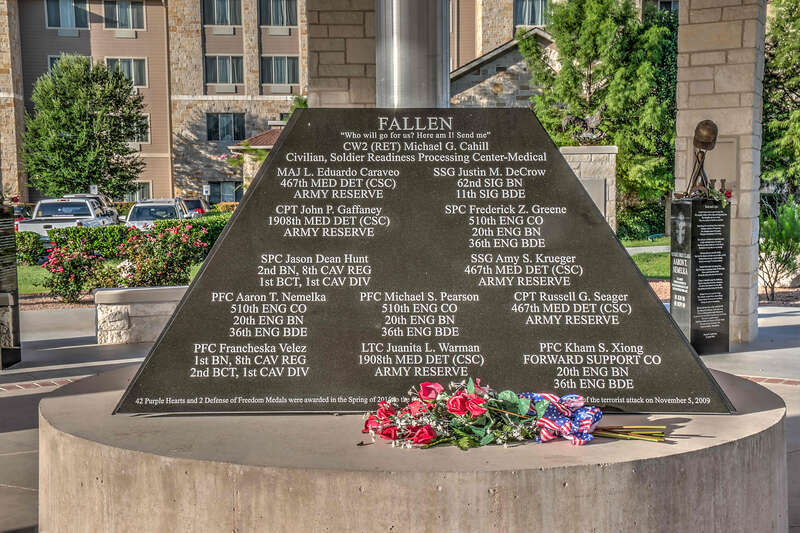 detail of memorial showing the names of those killed in the Nov. 5, 2009 shooting at Fort Hood