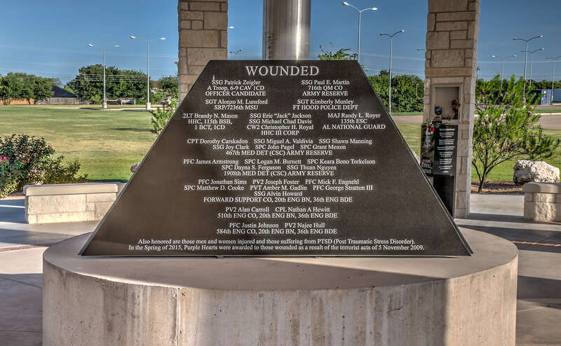 detail of memorial showing the names of the wounded in the Nov. 5, 2009 shooting at Fort Hood