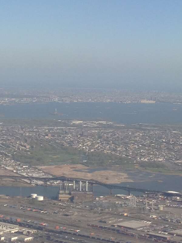 View of the Pulaski Skyway while descending towards Newark Liberty International Airport