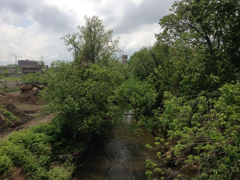 View down the Assunpink Creek from Chambers Street and Lincoln Avenue in Trenton, New Jersey