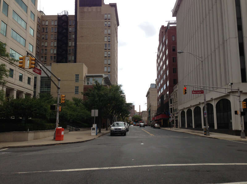 View east along West State Street at Barrack Street in Trenton, New Jersey