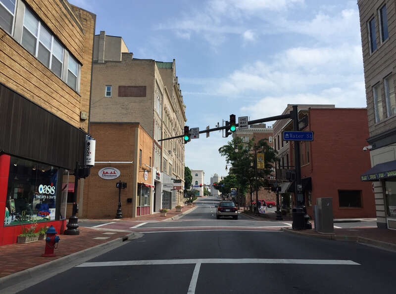 View north along U.S. Route 11 (Main Street) at Water Street in Harrisonburg, Virginia