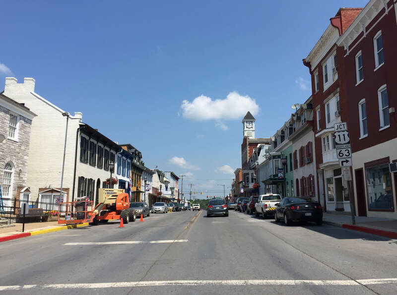 View north along Maryland State Route 63 and west along Maryland State Route 68 (Conococheague Street) at Salisbury Street in Williamsport, Washington County, Maryland