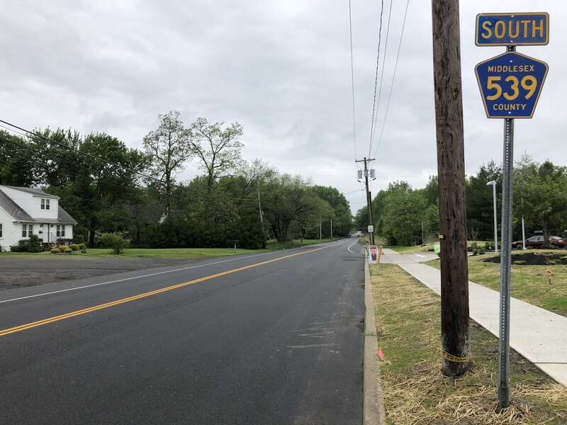 View south along Middlesex County Route 539 (Main Street) just south of U.S. Route 130 in Cranbury Township, Middlesex County, New Jersey