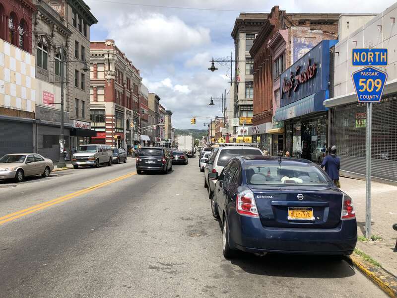 View north along Passaic County Route 509 (Main Street) just north of Passaic County Route 648 (Market Street) in Paterson, Passaic County, New Jersey