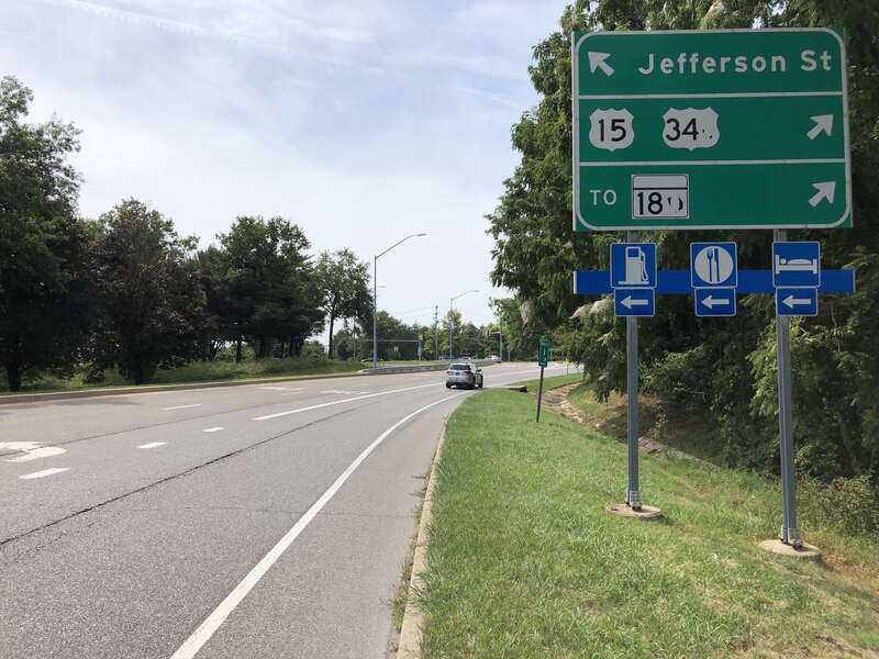 View south along U.S. Route 15 at the exit for Jefferson Street in Frederick, Frederick County, Maryland