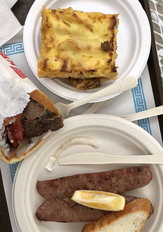 Pastitsio, a gyro and Loukaniko at the 2019 Marin Greek Festival in Novato, California