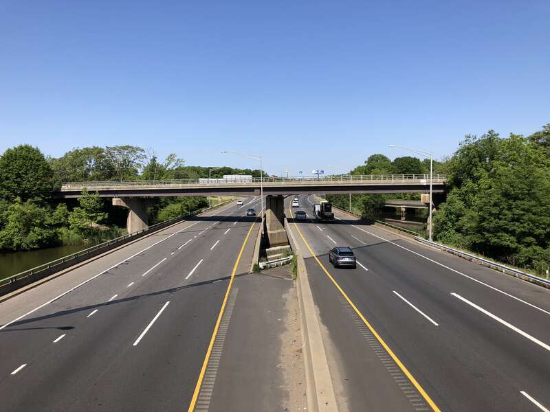 View south along New Jersey State Route 700 and west along U.S. Route 40 (New Jersey Turnpike) from the overpass for Interstate 295 northbound in Carneys Point Township, Salem County, New Jersey