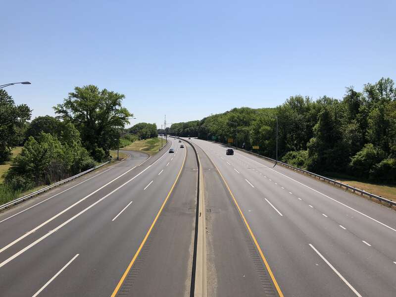 View north along New Jersey State Route 700 and east along U.S. Route 40 (New Jersey Turnpike) from the overpass for Interstate 295 northbound in Carneys Point Township, Salem County, New Jersey