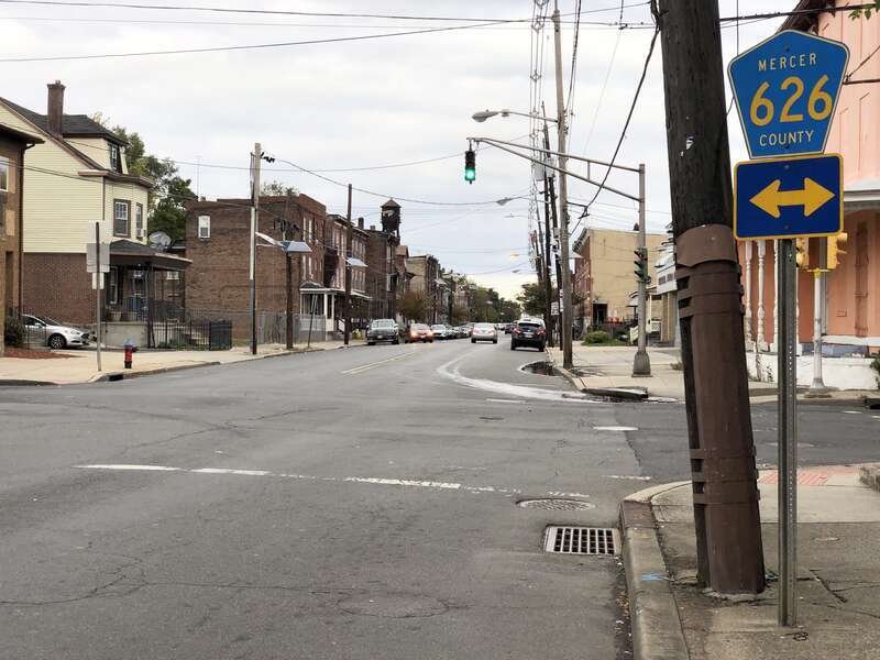 View east along Mercer County Route 635 (East State Street) at Mercer County Route 626 (Chambers Street) in Trenton, Mercer County, New Jersey
