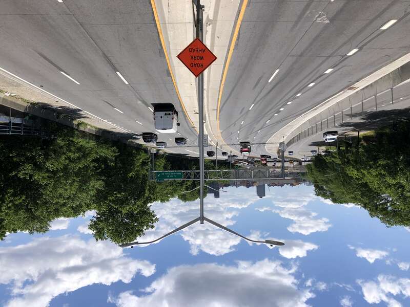 View south along Interstate 87 (Major Deegan Expressway) from the pedestrian overpass at West 161st Street in the Bronx, New York City, New York
