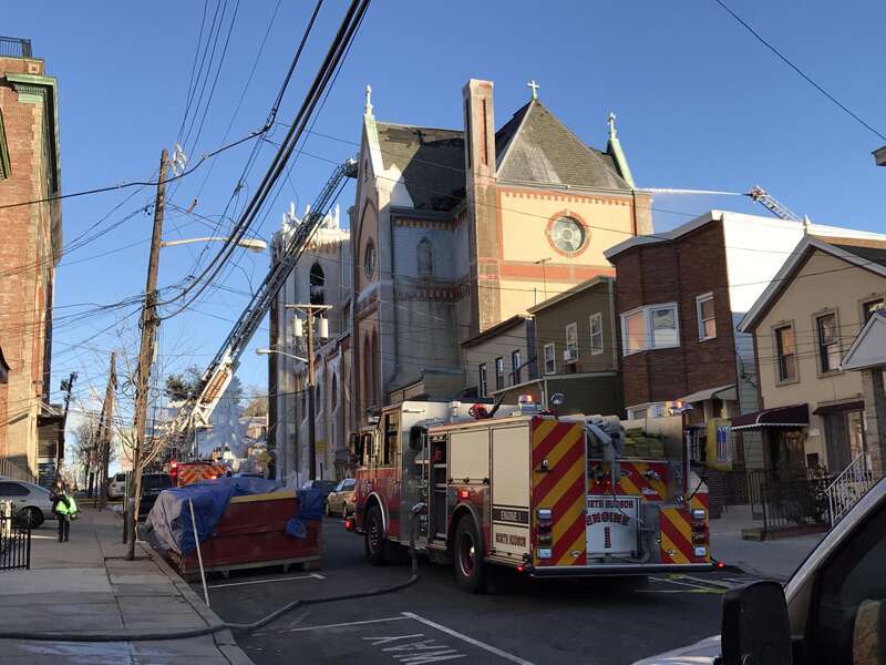Looking east on 14th Street from the corner of Summit Avenue in Union City, in the late afternoon of March 4, 2017. Pictured is the remains of SS. Joseph and Michael Parish Church on Central Avenue, to which a fire that started around 1am EST on