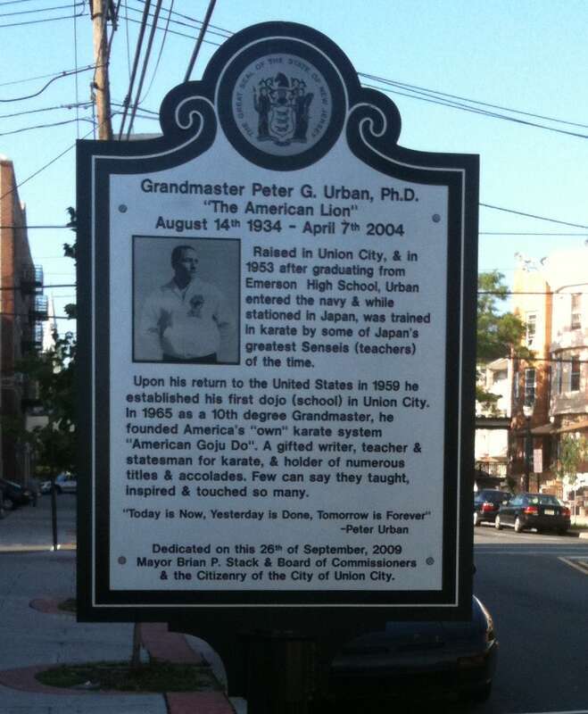Historical marker for Peter George Urban, a 10th degree karate grandmaster, on Central Avenue in Union City, New Jersey, where Urban was raised. The marker, which was dedicated on September 26, 2009, the city's second such marker erected in honor of