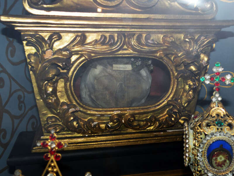 The skull of a Saint (listed as &quot;S. Theodori mart.&quot;) in Saint Anthony's Chapel (Shrine of Saint Anthony of Padua) located at 1700 Harpster Street in the Troy Hill neighborhood of Pittsburgh, Pennsylvania.  The chapel was built from 1880 to 1892, and