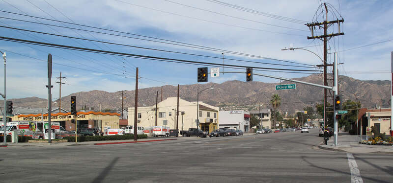 On Alameda looking east towards the Verdugo Mountains, at the intersection of Victory Boulevard in Burbank, California.