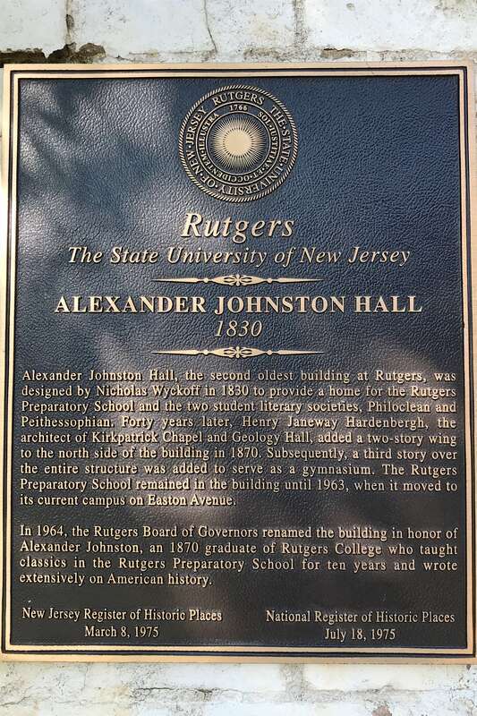 National Register of Historic Places plaque for Alexander Johnston Hall in New Brunswick, New Jersey.