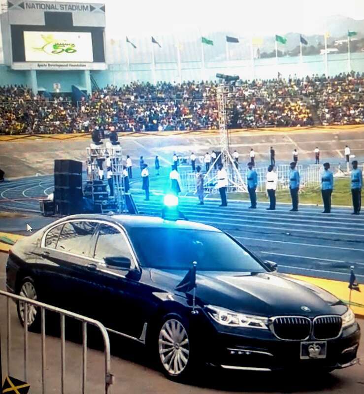 The arrival of the Most Hon. Sir Patrick Allen Governor-General of Jamaica and the Most Hon. Lady Allen at the National Stadium.