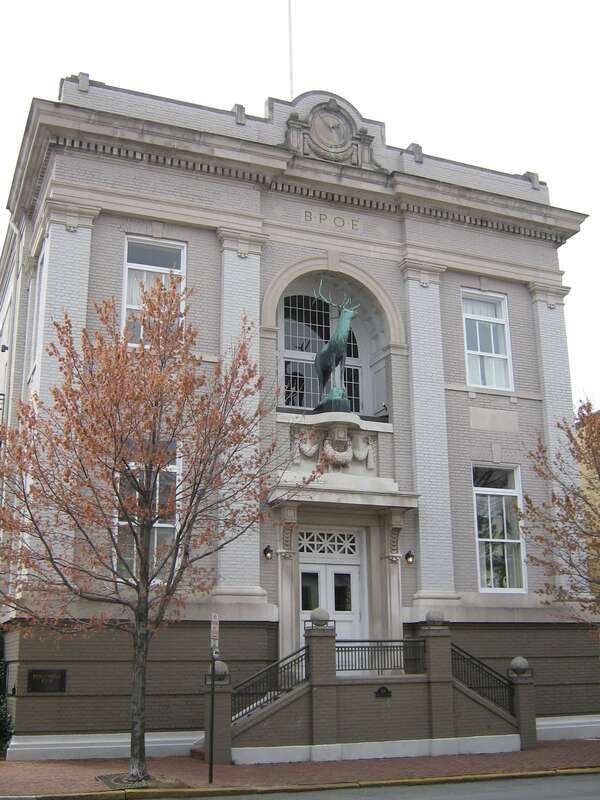 The former Benevolent and Paternal Order of Elks Lodge at 318 Prince Street between South Fairfax and South Royal Streets in Old Town Alexandria, Virgina.  Built in 1880 in the Beaux Arts style, it later became the Prince Street Club.  It is now