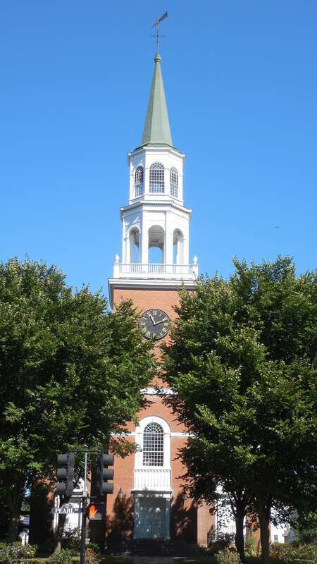 Unitarian Church at the top of Church St. in Burlington, Vermont.  The building was added to the National Register of Historic Places (NRHP) as a contributing property of the Head of Church Street Historic District on July 15, 1974