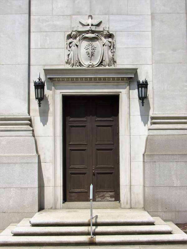 A side entrance into the Basilica of the Immaculate Conception in Waterbury, Connecticut.