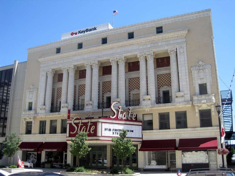The Blackstone-State Theater in South Bend, IN (1919). The 2,500 seat theater was erected as the Blackstone Theater by Chicago businessmen. It featured one of the largest film booths in the country, using Cimplex Company movie projectors. The theater