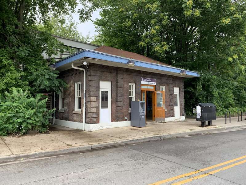 The Dempster Street station house on the CTA Purple Line elevated train, in Evanston, Illinois, United States, in 2021.