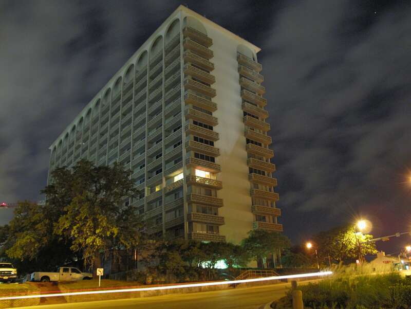 From MLK Boulevard.  One of Austin's oldest high-rise apartment buildings