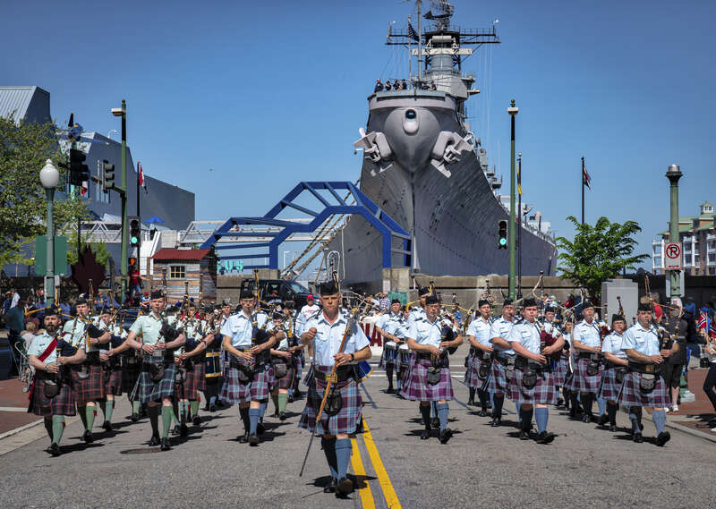 On 28 April 2018 Canadian Forces Pipes and Drums march in Norfolk's 2018 NATO Parade, with the battleship USS Wisconsin as background.  The Canadians are also performers in the celebrated Virginia International Tattoo, which takes place each year in