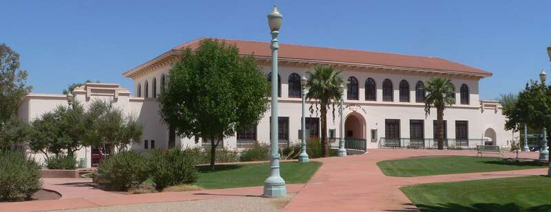 Casa Grande, Arizona city hall; formerly Casa Grande Union High School, or &quot;Old Main&quot;.  View is from the southwest.