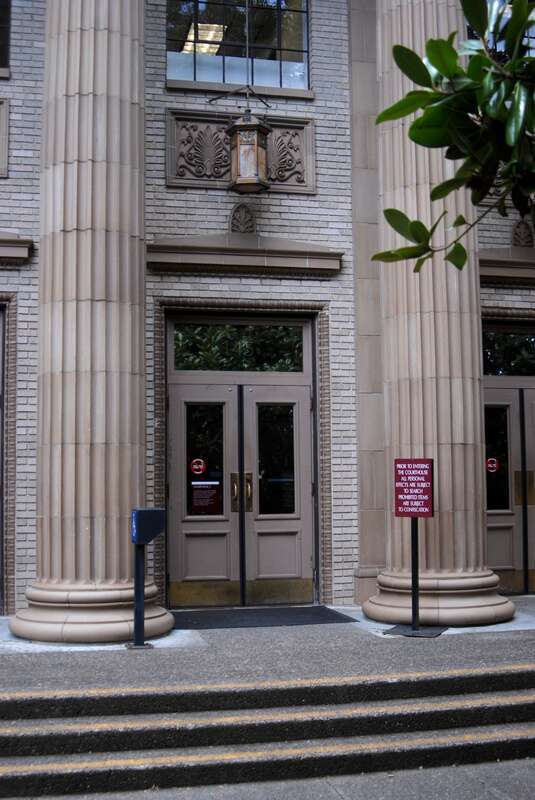 The central entrance doorway (the only doorway normally in use) at the main (east) entrance to the Washington County Courthouse, in Hillsboro, Oregon.
