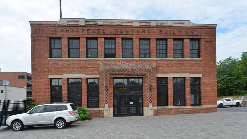 The modernized Chesapeake Western Railway terminal building, originally built in 1913 and now being used as offices. 141 West Bruce St, Harrisonburg, Virginia.