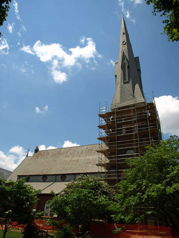 The Episcopal Church of the Nativity in Huntsville, Alabama, listed as a National Historic Landmark, undergoing restoration in July 2010.