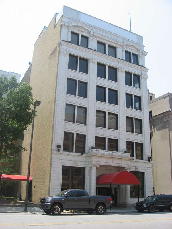 Front and eastern side of the Citizens Bank Building, located at 112 W. Jefferson Boulevard in South Bend, Indiana, United States.  Built in 1913, it is listed on the National Register of Historic Places.