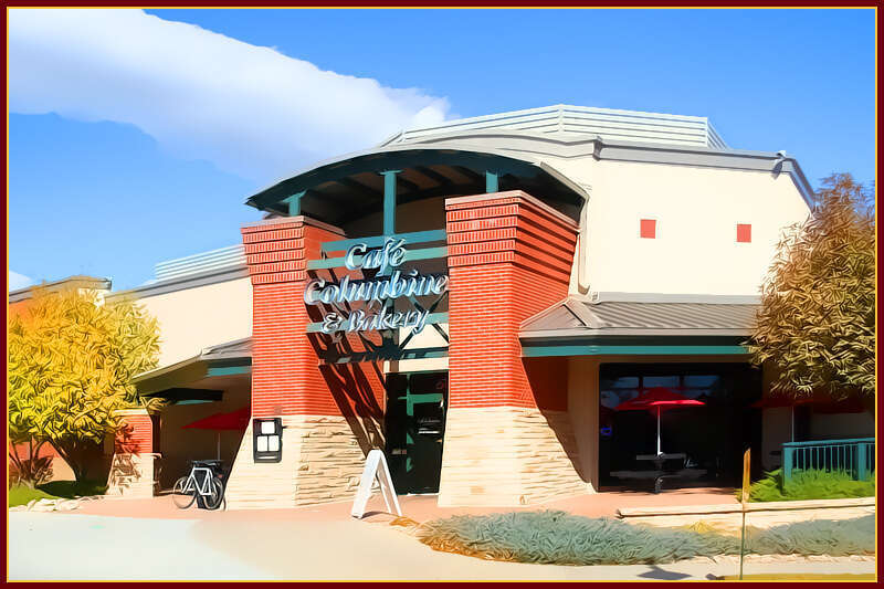 &quot;Columbine Cafe&quot;. image appears to be a computer generated conceptual art for a now closed cafe at an existing building with similar facade, at west drake road and worthington avenue, fort collins.