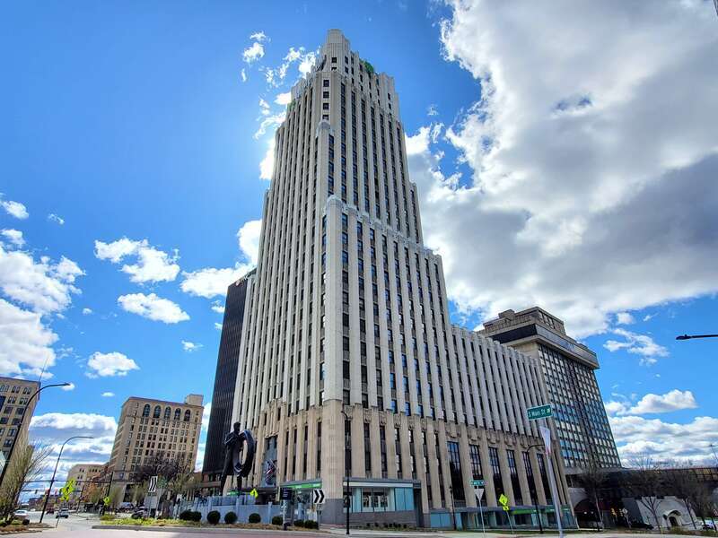 View of the Huntington Tower and other buildings in downtown Akron from the corner of Mill and Main