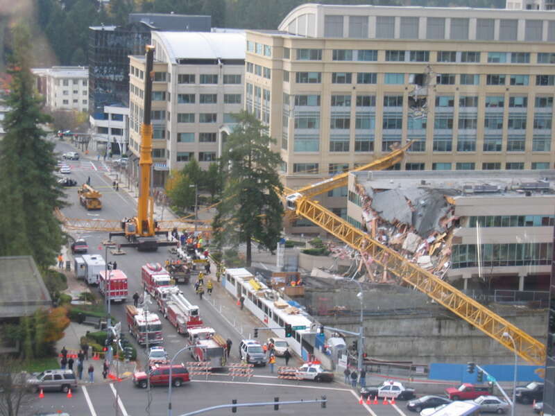 View from an office window the day after a crane fell in downtown Bellevue, WA. See HistoryLink for an overview of this accident: &quot;Collapse of a 210-foot construction crane in Bellevue kills one person on November 16, 2006.&quot;