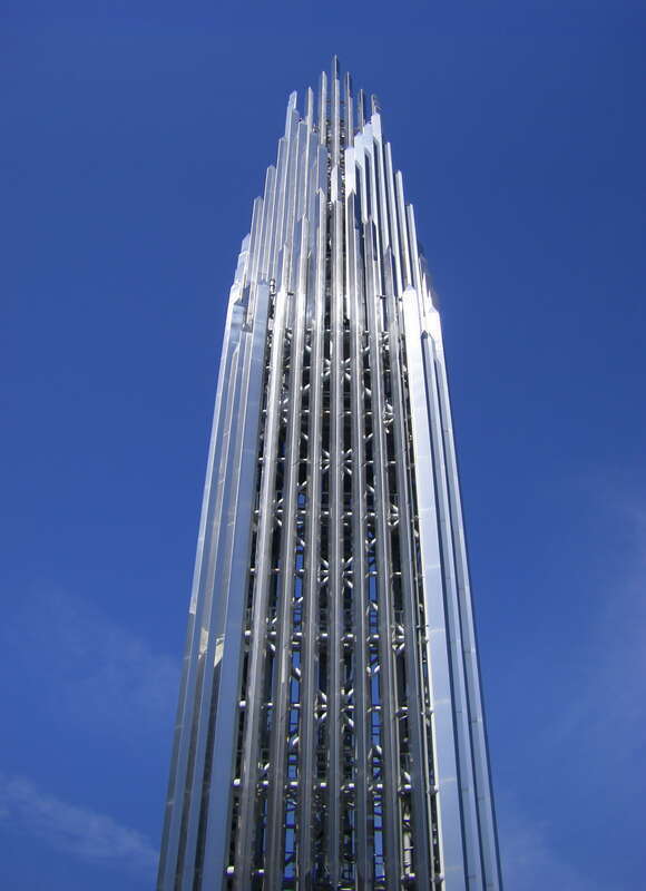 Looking up the spire of the Crystal Cathedral in Garden Grove (near Anaheim/Los Angeles).