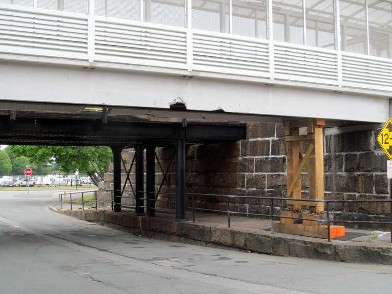 Damaged pedestrian bridge over Pleasant Street at at Beverly Depot in May 2017. The bridge was damaged by a high load on a flatbed truck on April 3, 2017.